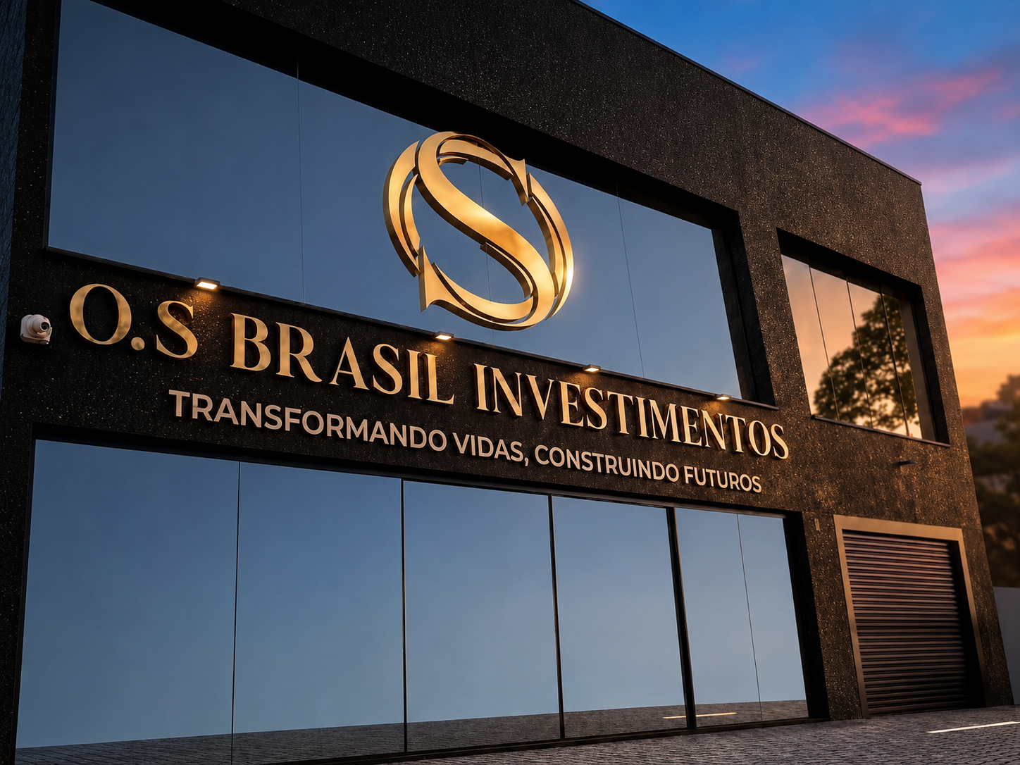 Fachada da sede da O.S Brasil Investimentos ao entardecer
