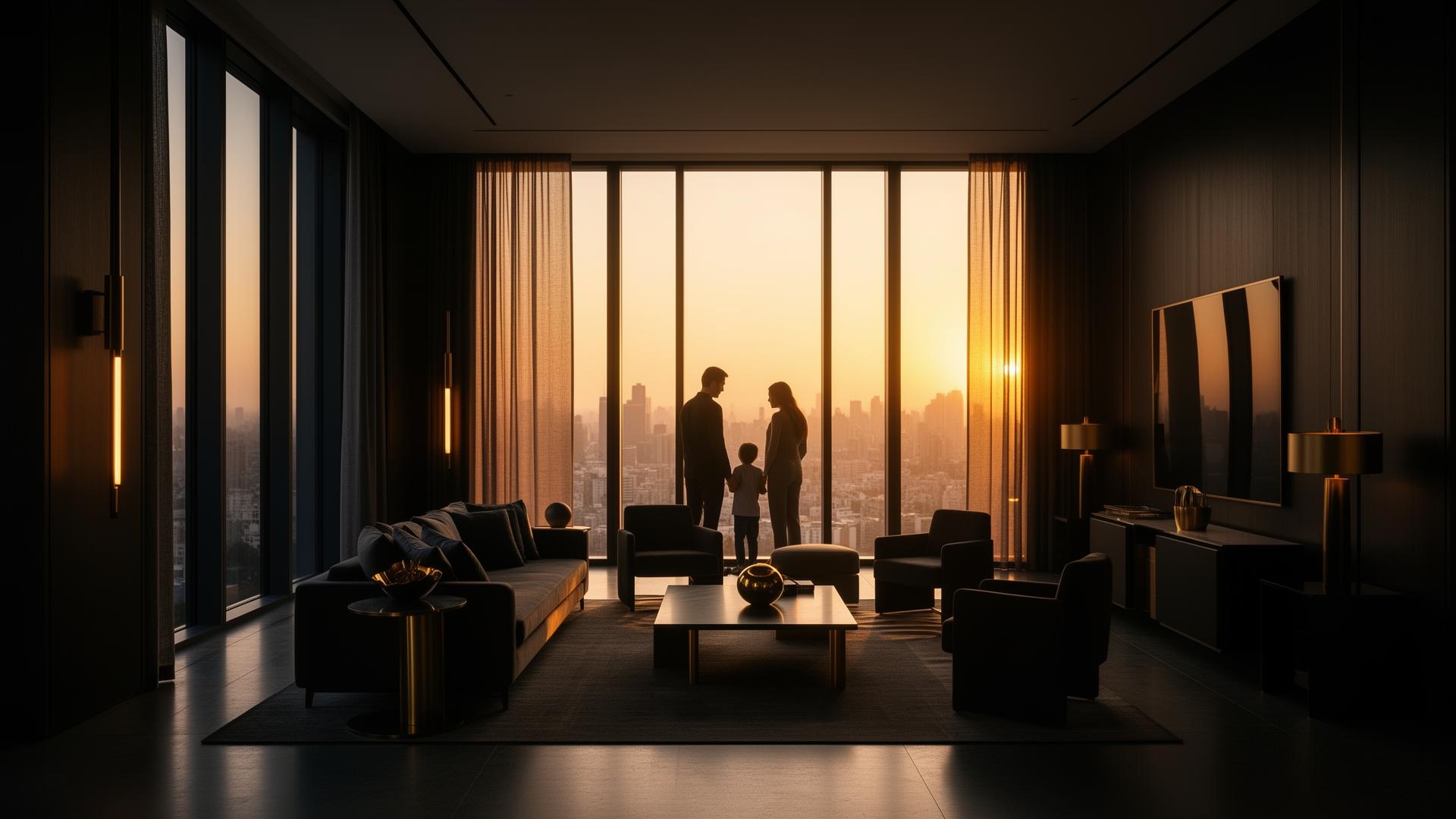 Família contemplando a conquista de um novo lar ao entardecer